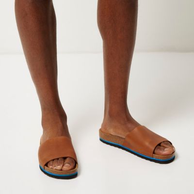 Brown leather slide sandals